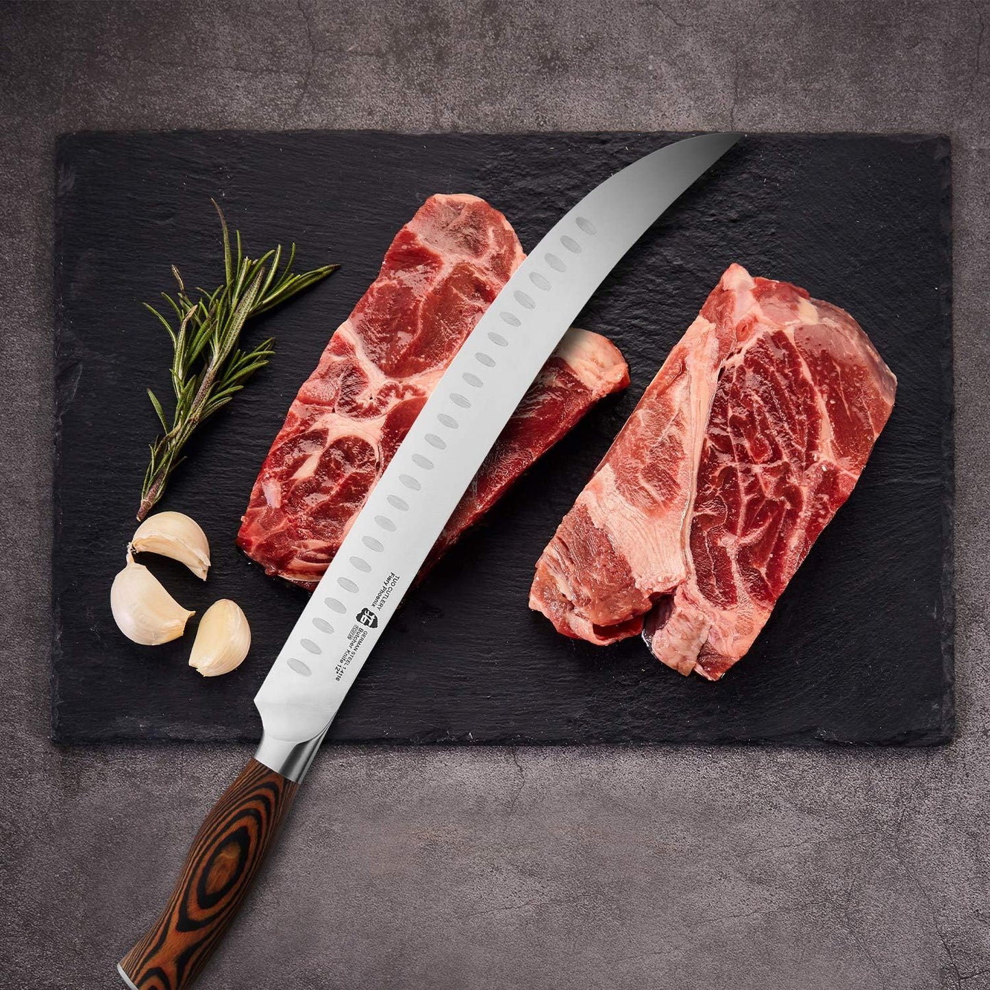 TUO Butcher Knife - 12 Inch Breaking Butcher s Knives Curved Granton Edge Carver Slicing Knife Long Meat Veggies Cleaver - German HC Steel Comfortable Pakkawood Handle - Fiery Series Gift Box Included
