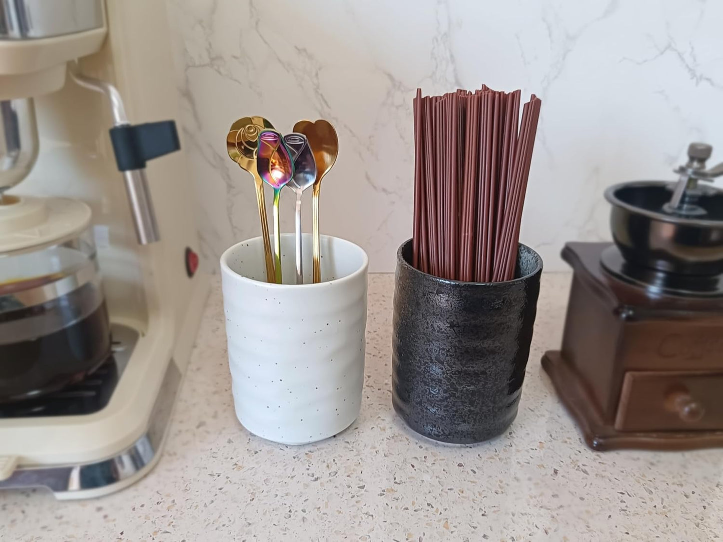 Stoneware Coffee Bar Utensil Holder Tea & Coffee Spoon & Stirrer Holder for Stir Stick Straw Teaspoon Holder Spoon Cup Small Utensil Jar (White)