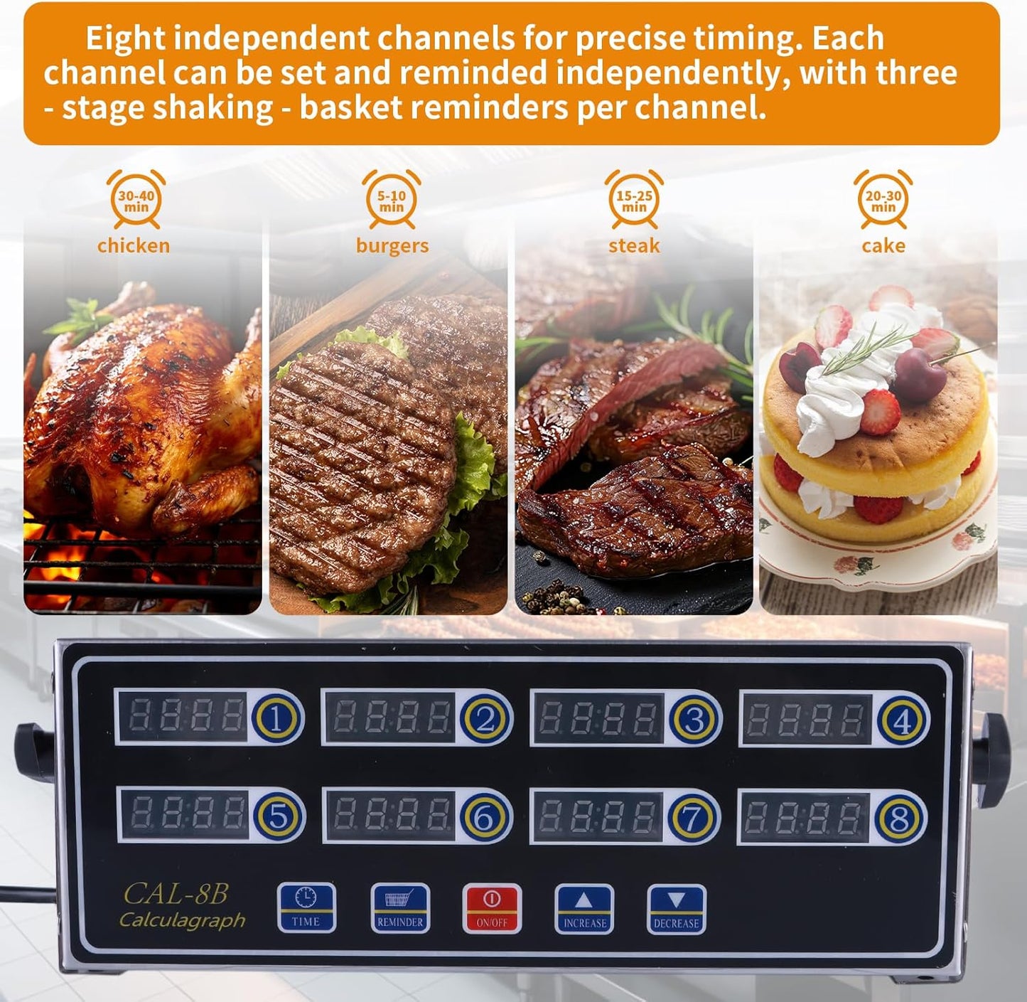 8-Channel Digital Kitchen Timer - Commercial Cooking Timer with Alarm Reminder- Professional Restaurant Timers for Fryer, Food Trucks, and Bakeries
