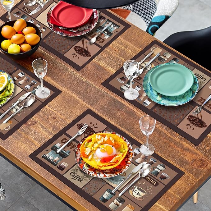 Coffee Theme Placemats Set of 4 Farmhouse Style Brown Linen Fabric Table Mat 12x18 Inch Washable Heat Resistant Non-Slip Place Mats for Home Party Kitchen Dining Decor