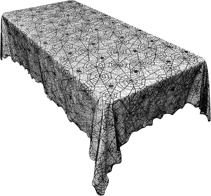 eZAKKA Halloween Table Cloth, Spider Webs Tablecloths Black Tablecloth Lace Fabric Table Cloths Spooky Cover for Rectangle Tables for Parties Gothic Halloween Home Decorations, 60x84 Inch