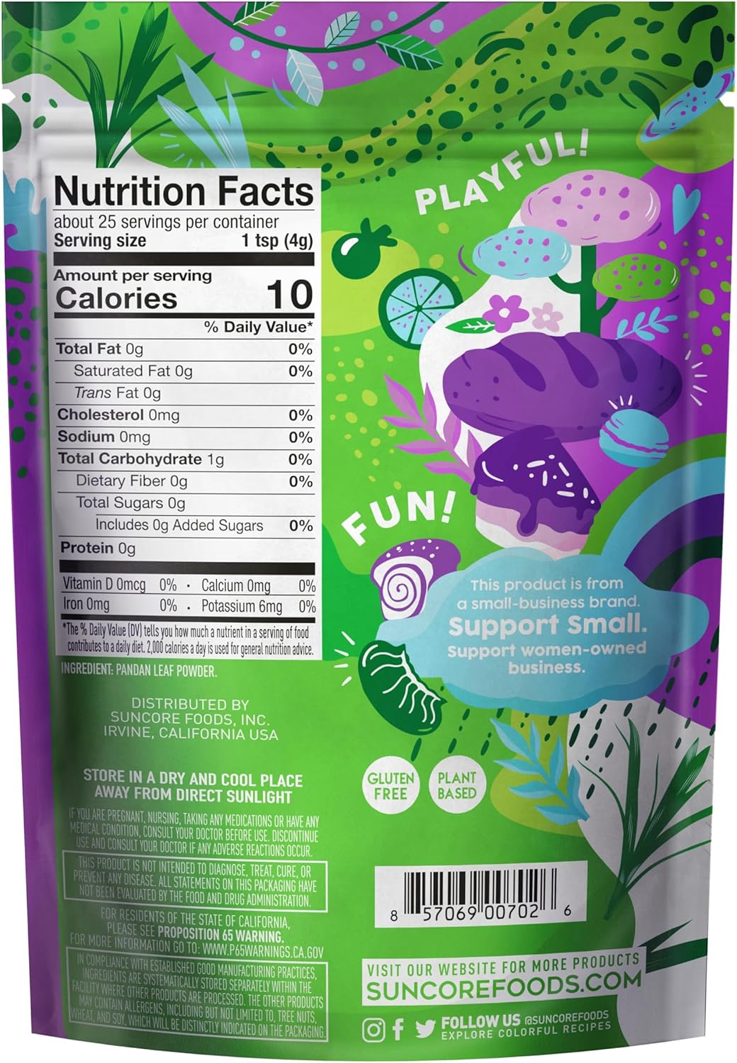 Suncore Foods Emerald Pandan Leaf Powder, Green Food Coloring Powder, Gluten-Free, Non-GMO, 3.5oz (1 Pack)