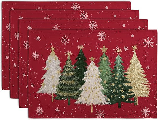 Red Christmas Tree Placemats Set of 4, 12x18 Inch Xmas Trees Snowflakes Winter Holiday Place Mats Seasonal Washable Linen Table Mat for Indoor Outdoor Kitchen Dining Party Decor