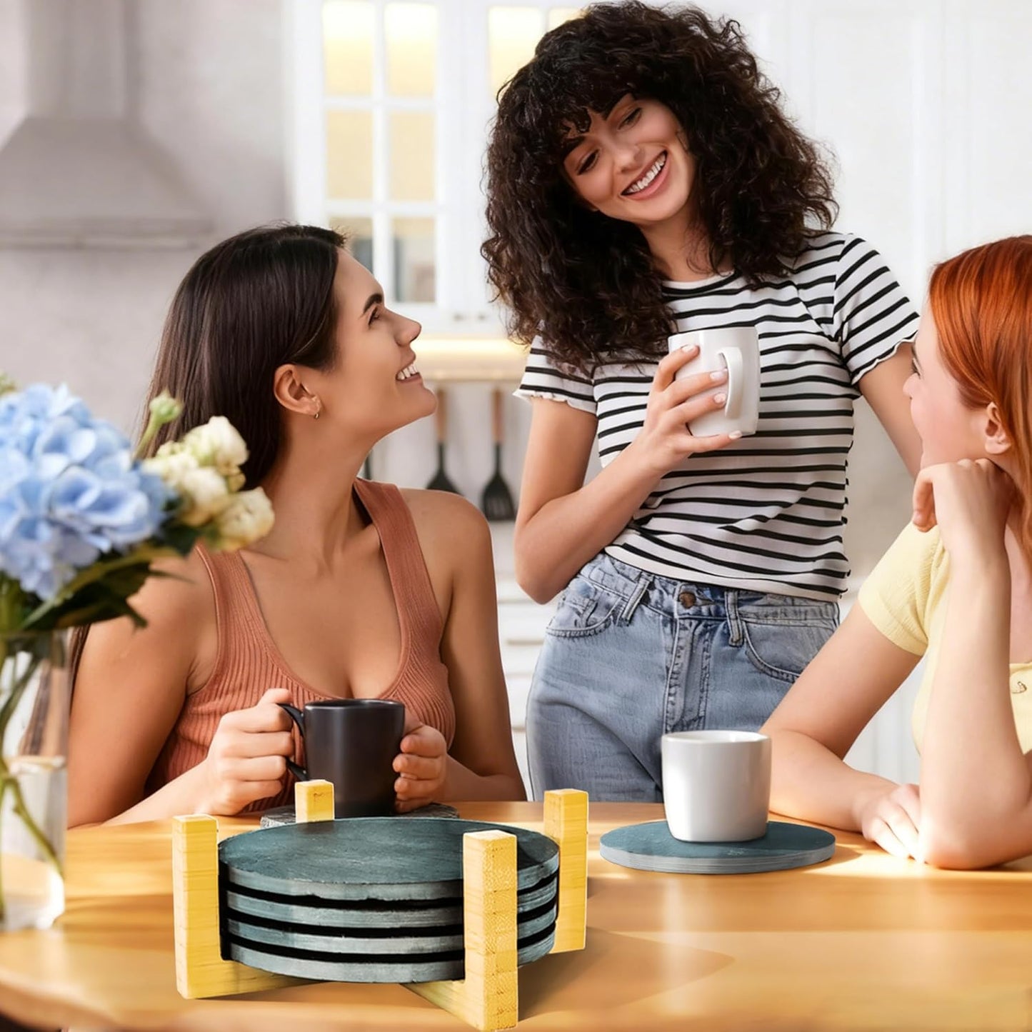 Black Nature Stone Coasters Set of 4, Slim Round Drink Coasters for Coffee Table Anti-Scratch, Boho Desk Décor for Office Bar Kitchen and Home, Protect Wood Glass Surfaces (4pack)