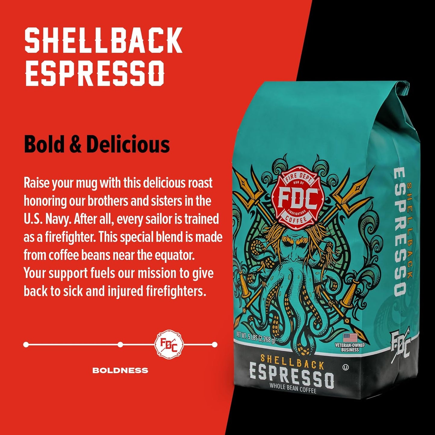 Fire Department Coffee - Gives Back to Firefighters - Bold & Smooth Shellback Espresso Coffee Beans - Roasted in the USA - Premium Espresso Beans - Veteran Owned - Bulk 5 LB