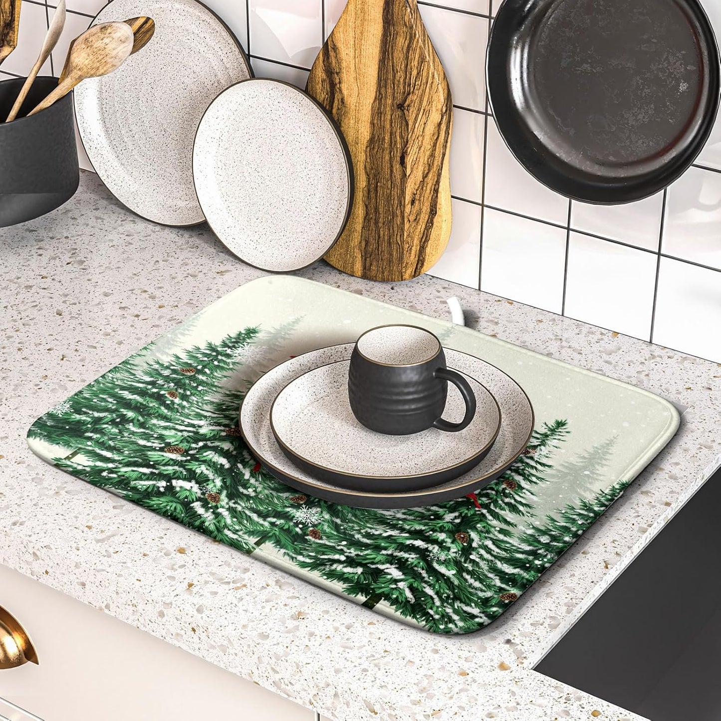 Winter Green Pine Tree Dish Drying Mat for Kitchen Counter,Red Bird Snowflake Drying Mat 16 x 18 Inch with High Absorbent Microfiber Drainer Mat for Coffee Bar