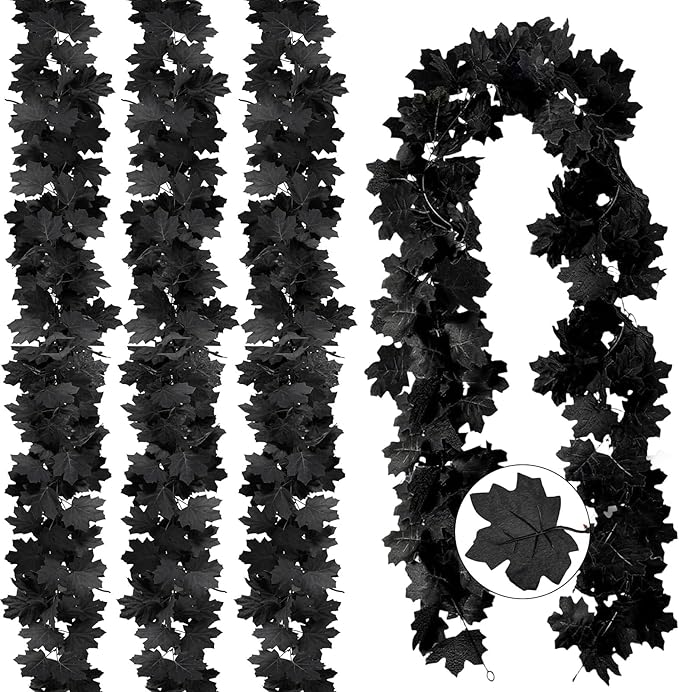 Joyhalo 4 Pack Halloween Garland, 5.7FT Black Maple Leaf Garland Halloween Decor, Spooky Black Leaves Vines Outdoor for Mantle, Home, Office, Stair Railing, Door Frame, Fireplace and Fall Decorations