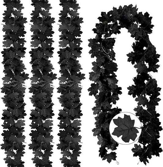 Joyhalo 4 Pack Halloween Garland, 5.7FT Black Maple Leaf Garland Halloween Decor, Spooky Black Leaves Vines Outdoor for Mantle, Home, Office, Stair Railing, Door Frame, Fireplace and Fall Decorations
