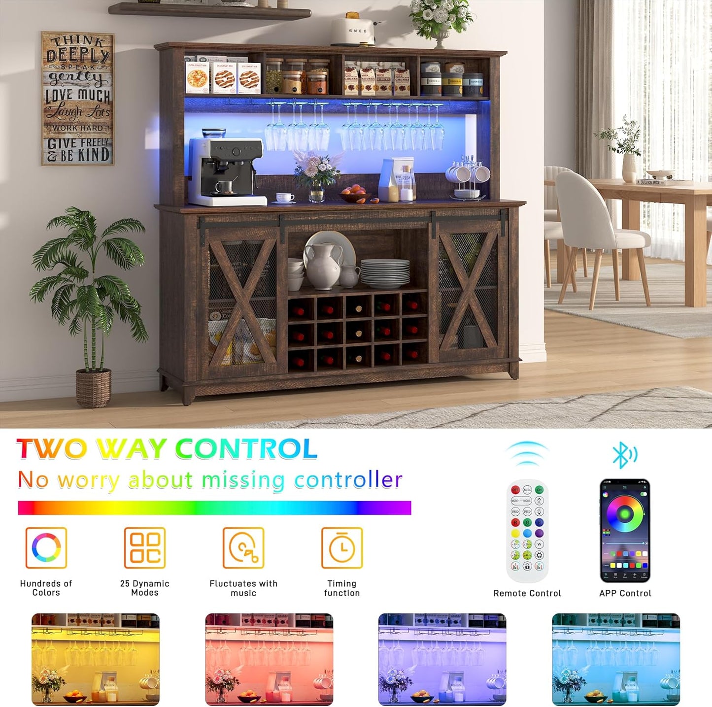 63"Wide 58"H Farmhouse Coffee Bar Cabinet with LED Light,Wine Bar Cabinet w/ 4 Storage Hutch,Kitchen Buffet Cabinet w/Sliding Barn Door & 15 Wine and Glass Racks for Kitchen Dining Room(Brown)