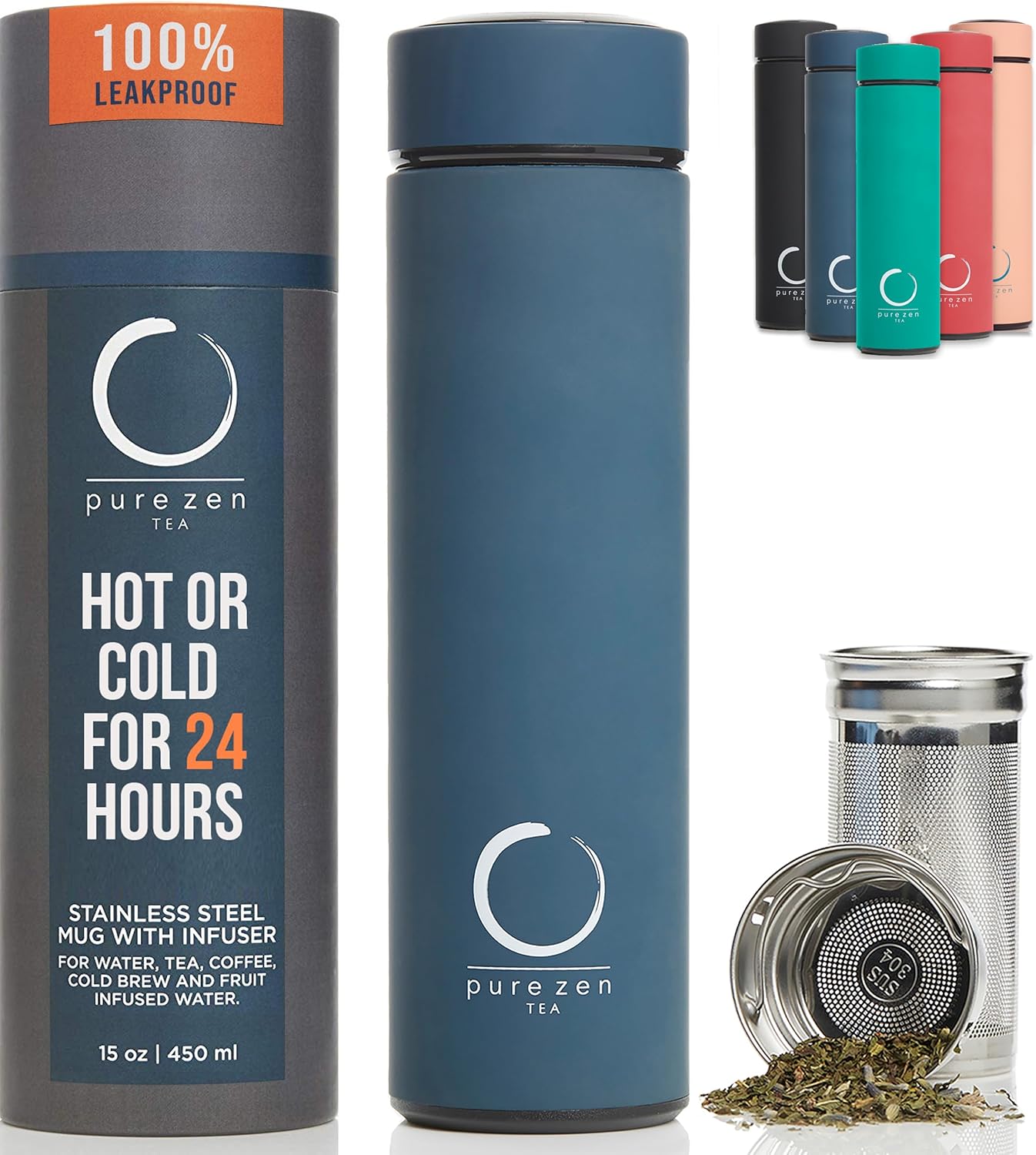 Pure Zen Tea Thermos with Infuser for Hot and Cold Infusions - Stainless Steel - Tea Infuser Bottle - Leakproof Travel Mug with Filter - 15oz - Blue