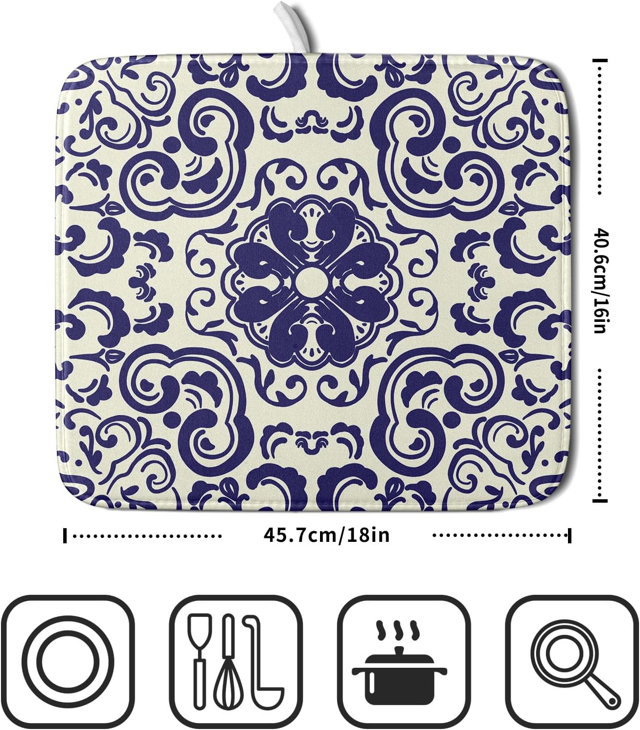 Boho Ethnic Design Dish Drying Mat for Kitchen Counter,Blue Bohemian Mandala Drying Mat 16 x 18 Inch with High Absorbent Reversible Microfiber Dish Drying Pad Dish Rack Pad Drainer Mat for Coffee Bar