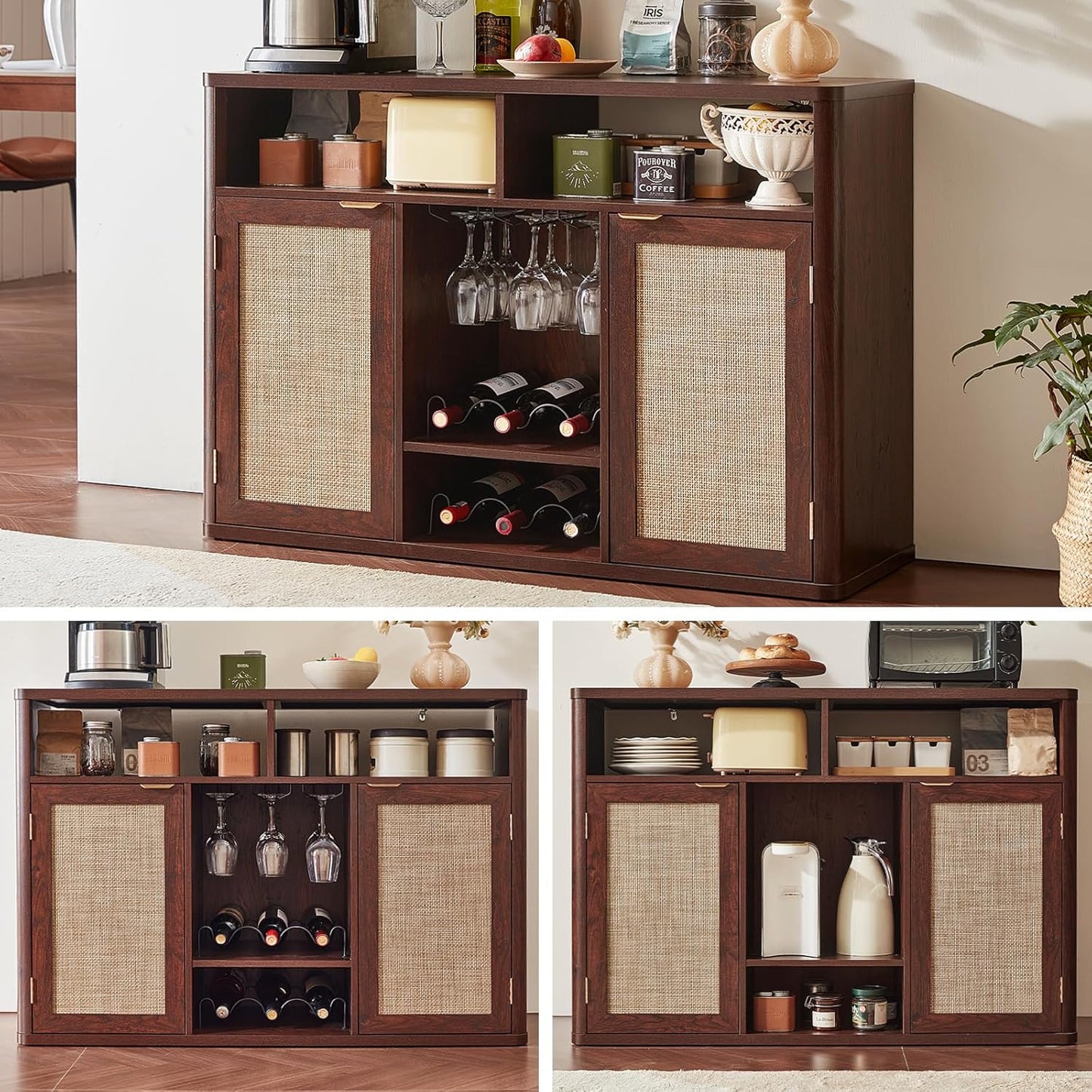 Lerliuo 47.2" Rattan Wine & Liquor Cabinet with 2 Doors, Boho Farmhouse Coffee Bar Station, Built-in Wine Racks & Storage, Adjustable Shelves for Living Room, Dining Room, Kitchen, Walnut Brown