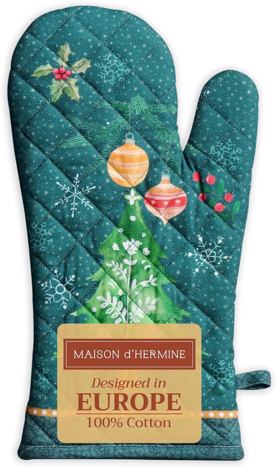 Maison d' Hermine Oven Gloves 100% Cotton Oven Mitt 7" x 13" with Loop Heat Resistant, BBQ, Cooking Gloves, Baking, Grilling, Kitchen, Handling Hot Pans (Pack of 1, Hygge Christmas)