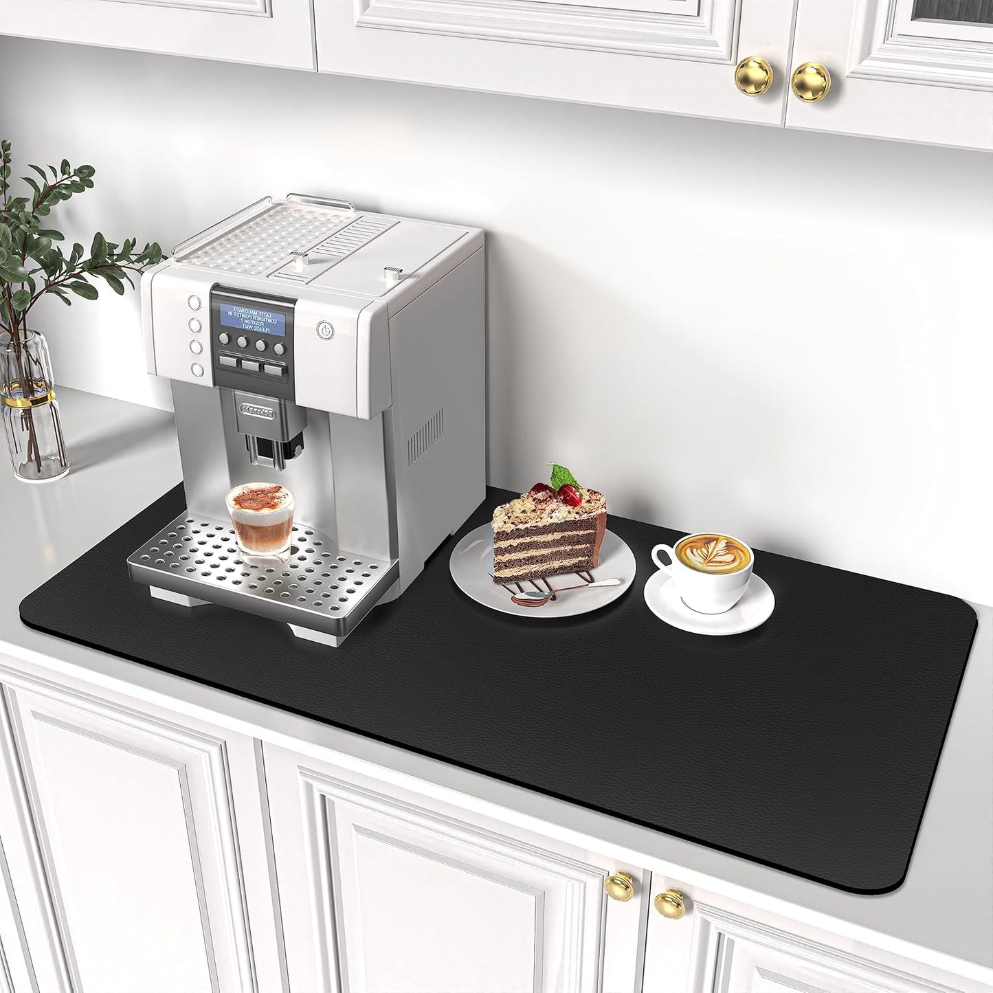 PoYang 31.5"x17" Coffee Mat X-Large, Coffee Bar Accessories for Countertop, Absorbent Dish Drying Mat, Anti-Slip and Hide Stain Pad for Espresso Machine, Espresso Maker and Kitchen Counter, Black