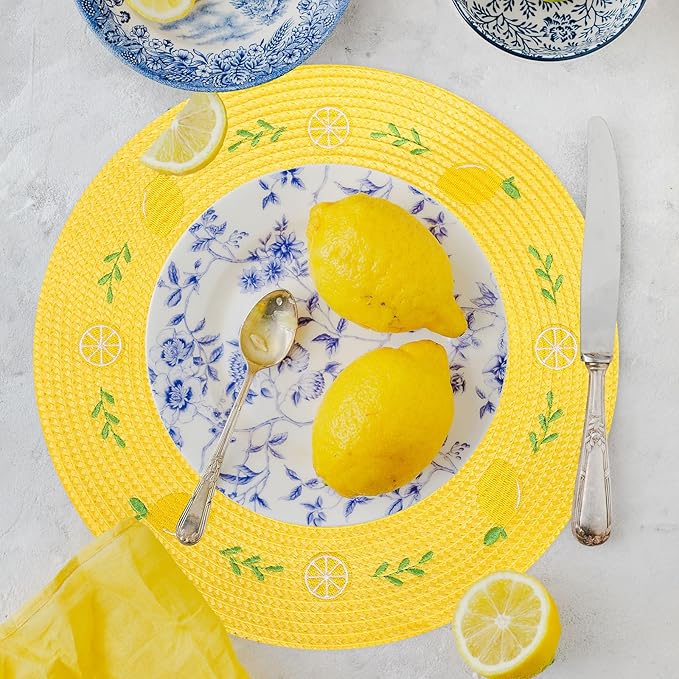 Whaline 4Pcs Round Placemats Lemon Embroidered Place Mats Summer Lemon Greenery Leaves Dinner Table Mats for Home Wedding Baby Shower Birthday Party Decor