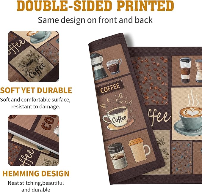 Coffee Theme Placemats Set of 4 Farmhouse Style Brown Linen Fabric Table Mat 12x18 Inch Washable Heat Resistant Non-Slip Place Mats for Home Party Kitchen Dining Decor