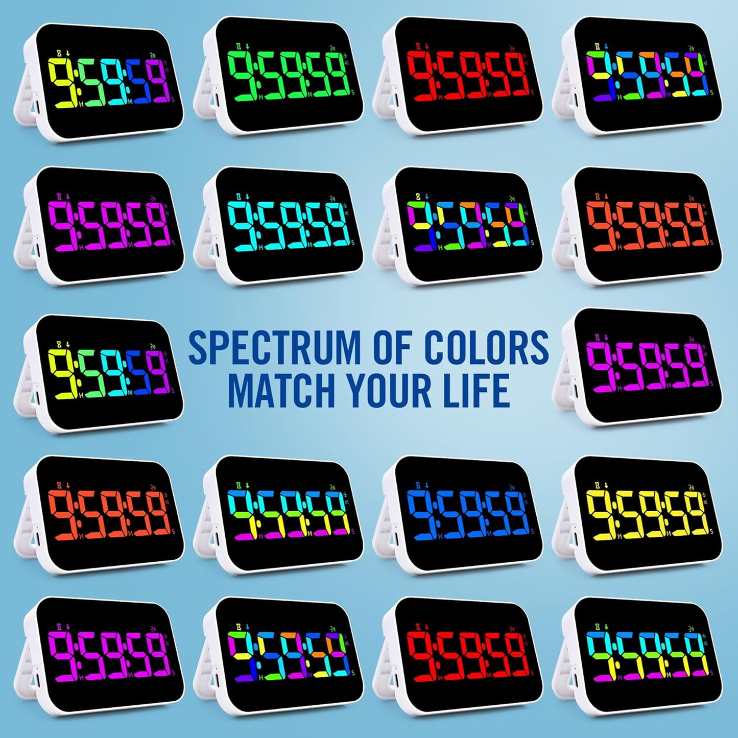 Kitchen Timer （1.5" Number） 10 RGB Color Changing Digital Magnetic Timer, Countdown/Up, Rechargeabilit, 3 Brightness Display, 3 Volume Levels and Vibration Mode, for Classroom, Study, Fitness