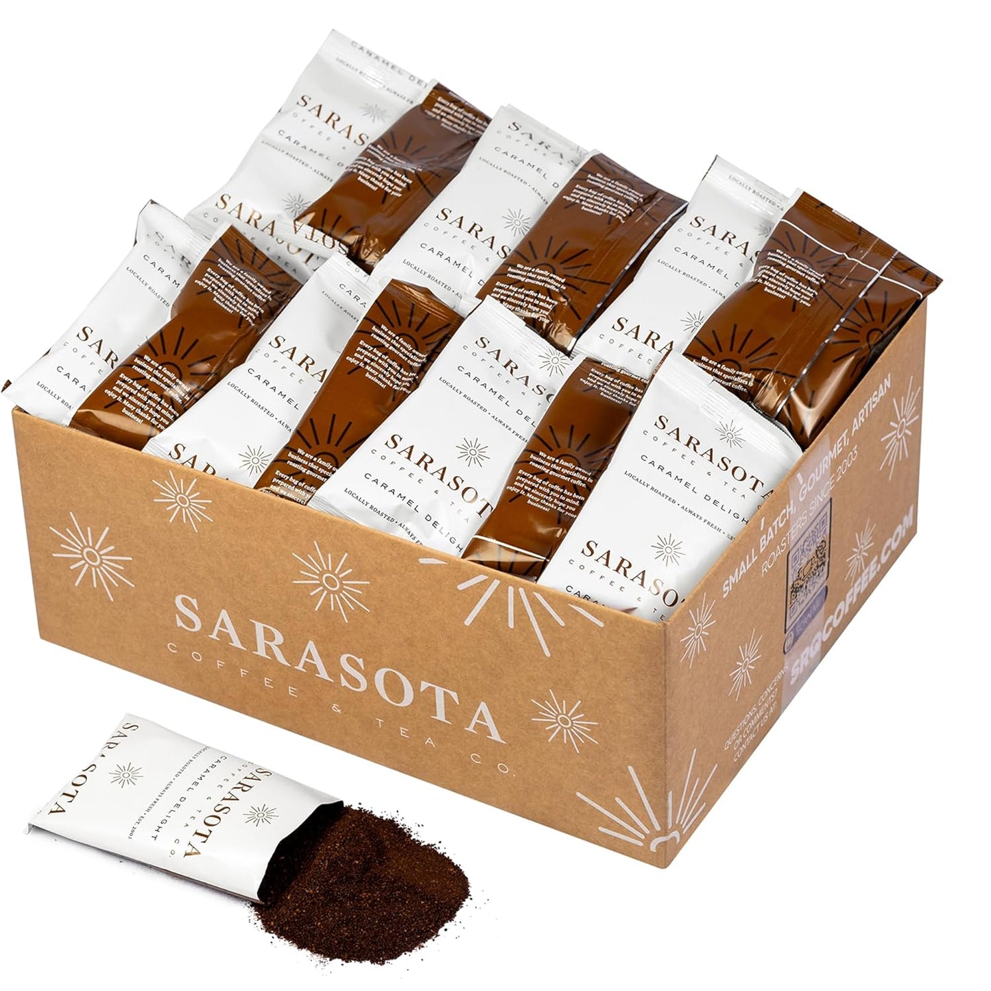 Sarasota Coffee Ground Packets | Gourmet Flavored Medium Roast Bulk Coffee Packs | Salted Caramel | Low Acid Mold Free Singles Individual Pouches for 12 Cup Coffee Maker | 2.5 Ounce Bags, 36 Count