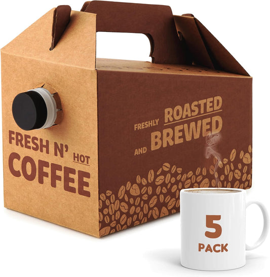 Stock Your Home (5 Pack) 96 oz Disposable Coffee Box Dispensers, Insulated Hot Cold Bulk Beverage Server Carafe, Coffee Carrier with Handle Take Out Containers, Cardboard Traveler To Go Boxes