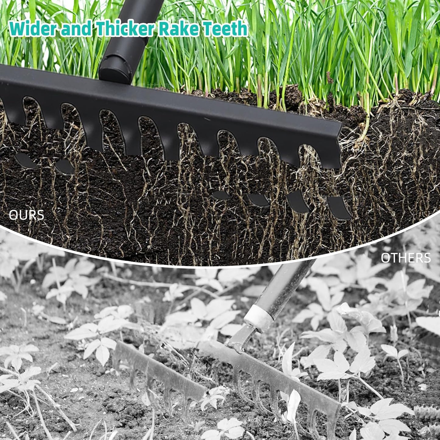 Bow Rake for Soil Leveling 60 Inch Heavy Duty Garden Tool with 12 Tines Adjustable Long Handle Thatch Rake for Gardening Loosening Soil Leveling Mulch Gathering Leaves, Black