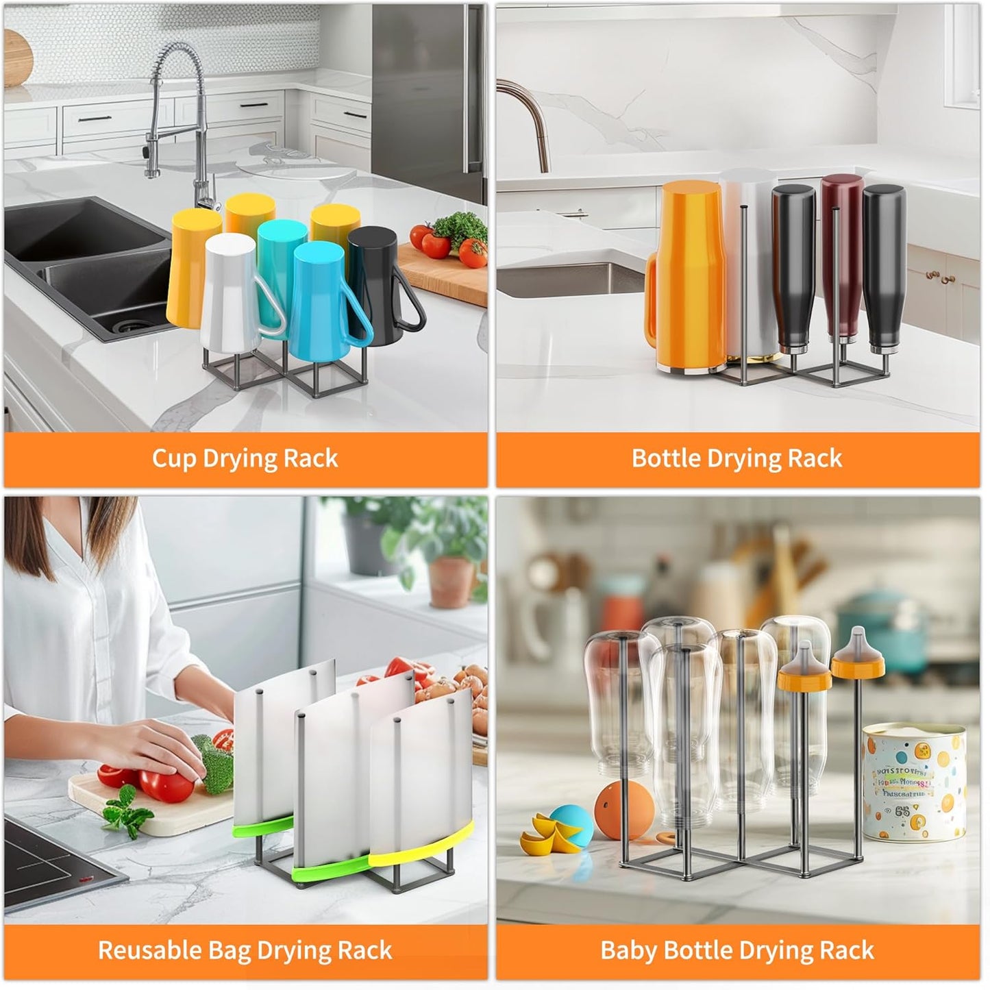 Foldable Bottle Drying Rack, Baby Bottle Drying Rack, Collapsible Cup Draining Holder, Retractable Reusable Storage Bag Dryer with Non-Slip Bottom - Stainless Steels (Starlight Gray)