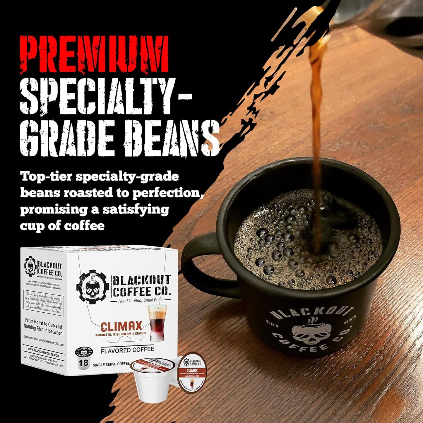 Blackout Coffee Climax Amaretto, Irish Cream & Kahlua Flavored Pods - Freshly Roasted in the USA - K-Cup Compatible Single-Serve Pods (18 Count)