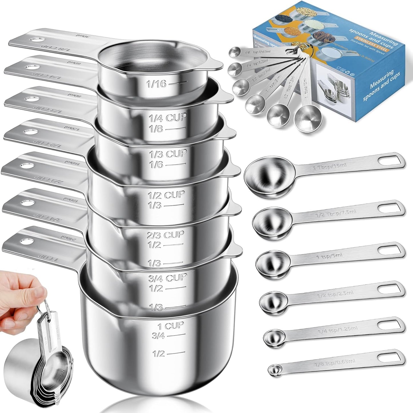Vakoo 13-Piece Stainless Steel Measuring Cups and Spoons Set - Stackable & Nesting, U.S./Metric Dual Markings, Dishwasher Safe, Kitchen Gadgets for Baking & Cooking