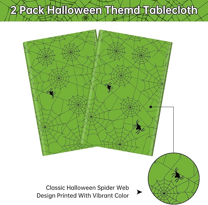 2 Pcs Halloween Tablecloth - Plastic Halloweens Spider Webs Table Cloth, Green Disposable Rectangle Spiderweb Table Cover for Halloween Party Decorations Supplies Favors Tables Decor, 108 x 54 Inch