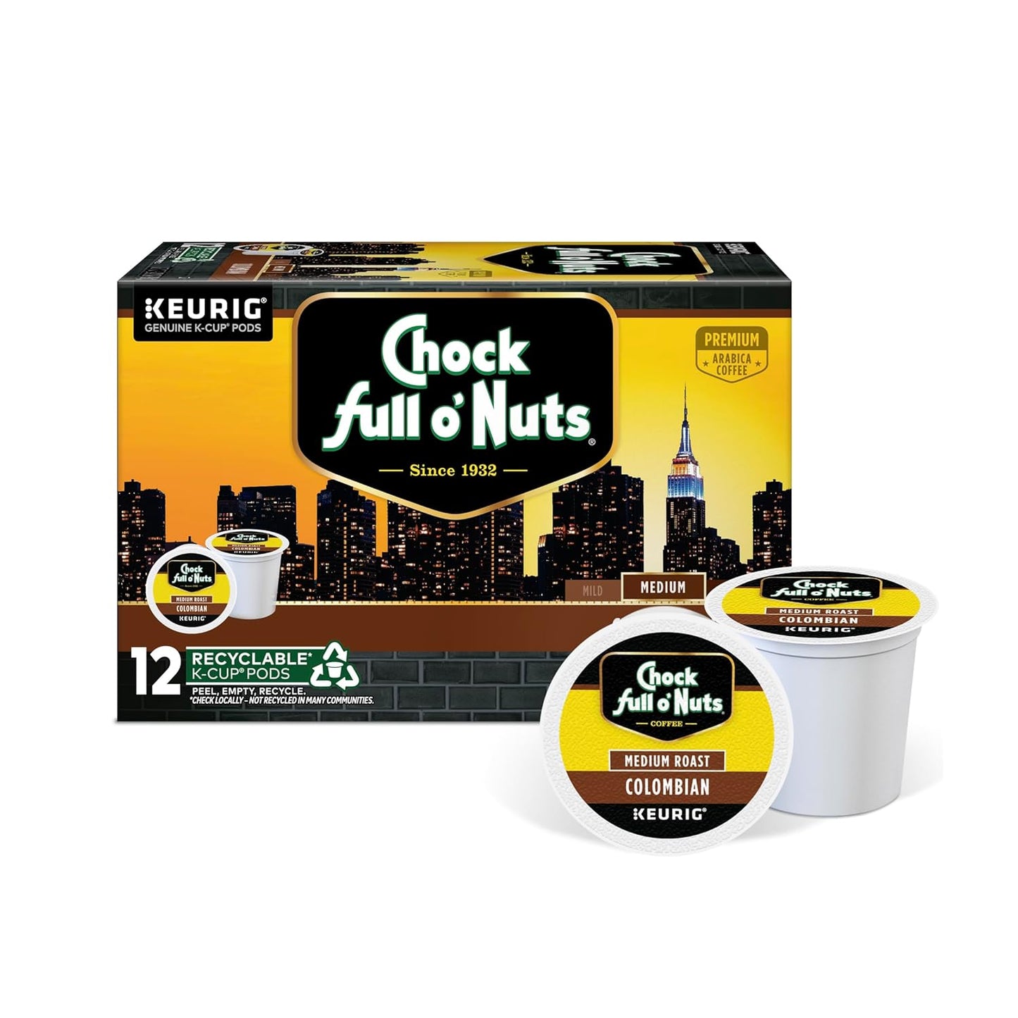 Chock full o’Nuts Colombian Keurig K-Cup Pods for Keurig Brewers – Premium Arabica, Medium Roast – Single Serve – 1 Pack of 12 K-Cup Pods