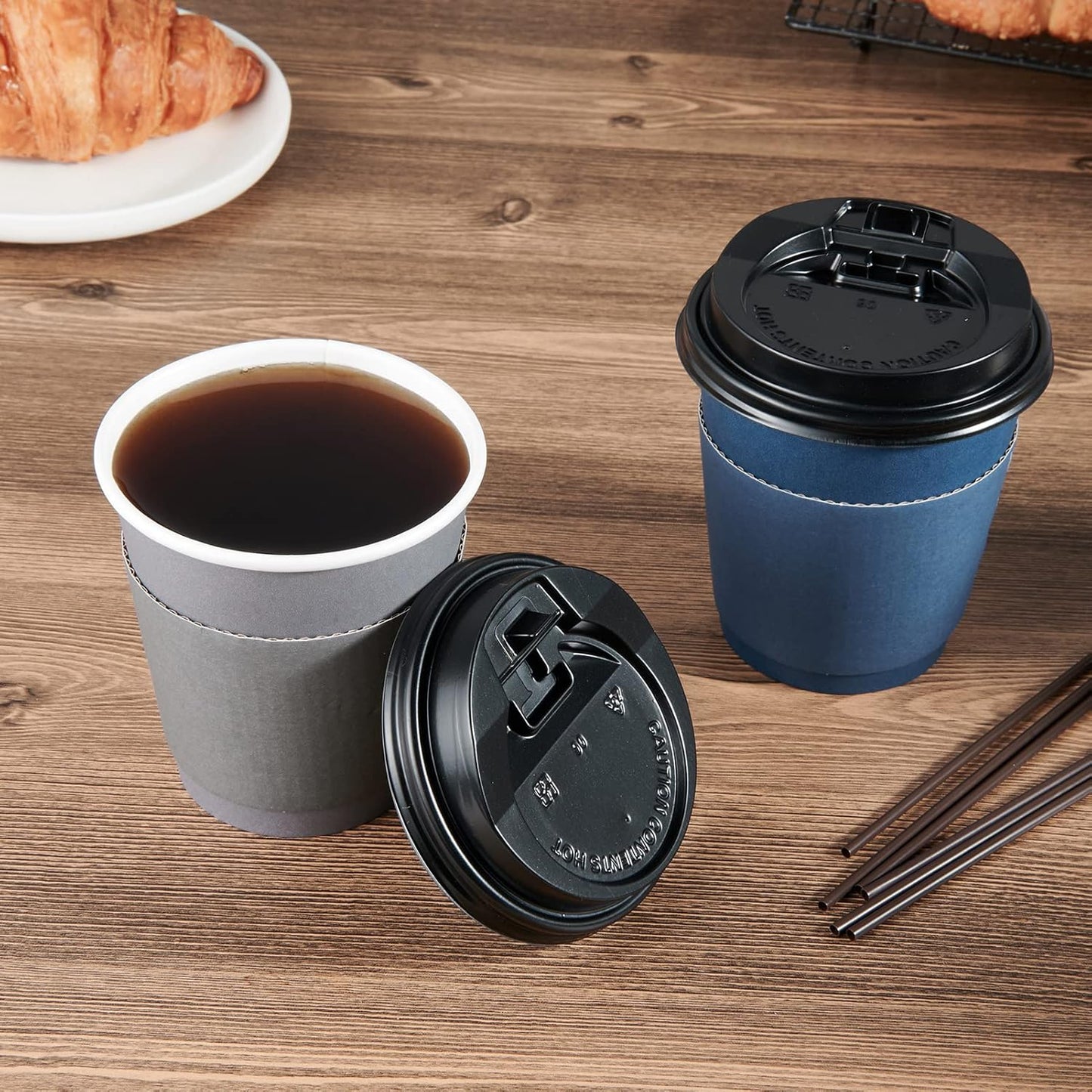 LITOPAK 100 Pack 10 oz Disposable Paper Coffee Cups with Lids, Sleeves and Stirring Sticks for Hot Coffee, Water or Juice, Blue and Gray Hot Paper Cups for Cafes, schools, offices, shops