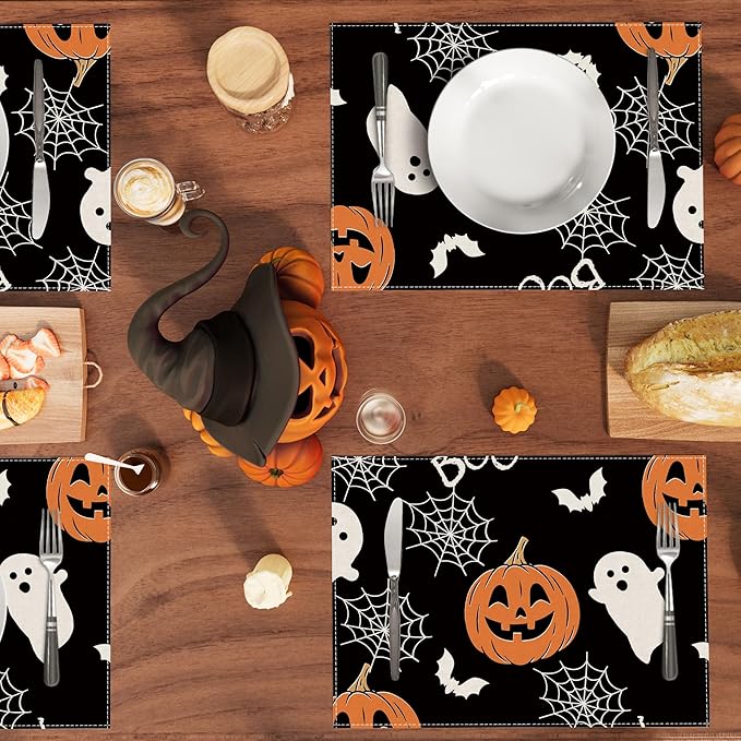XCHI BOO Spooky Ghost Pumpkin Halloween Cloth Placemats Set of 8 Table Mats Table Decorations 12x18 Inch