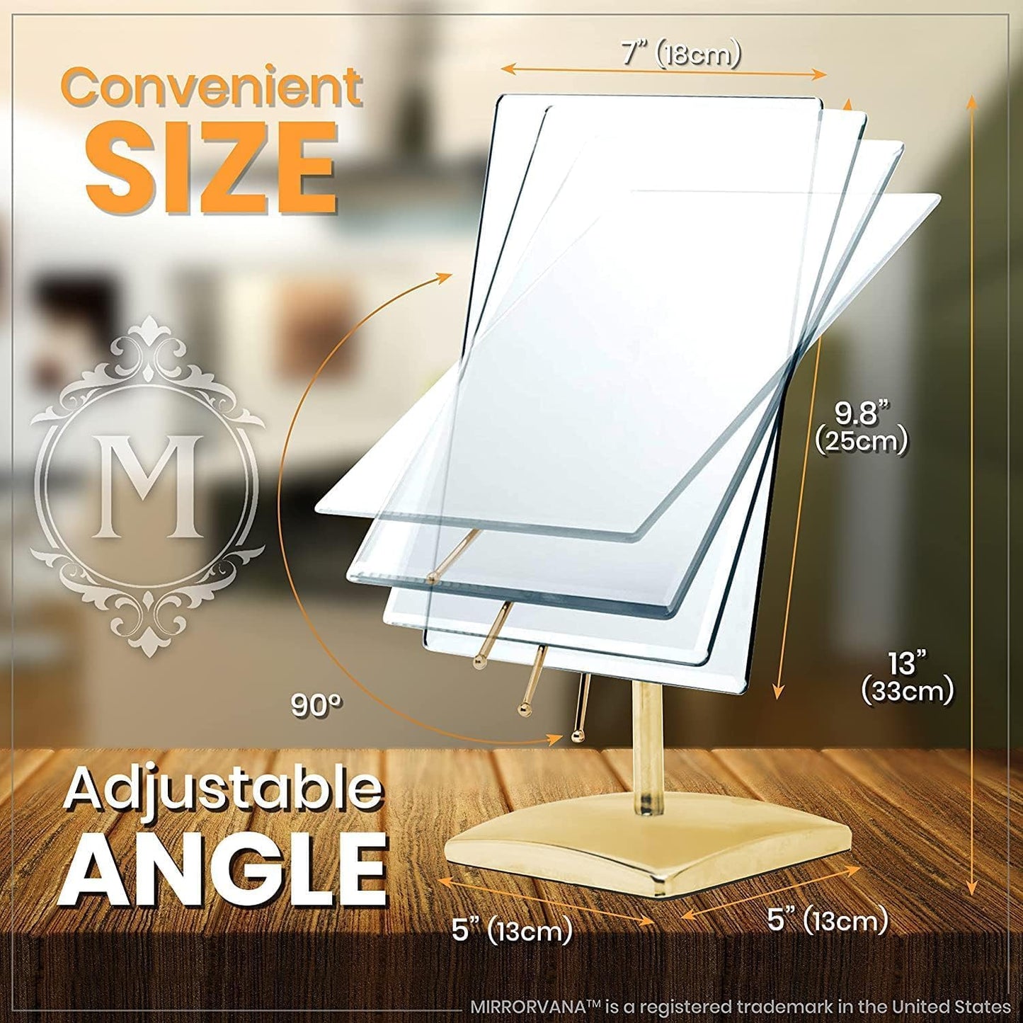 MIRRORVANA Large Free Standing Mirror - Frameless, Gold-Plated, Beveled Design for Desk, Retail Counter, Bathroom and Vanity Dressing Table (9.8" x 7")