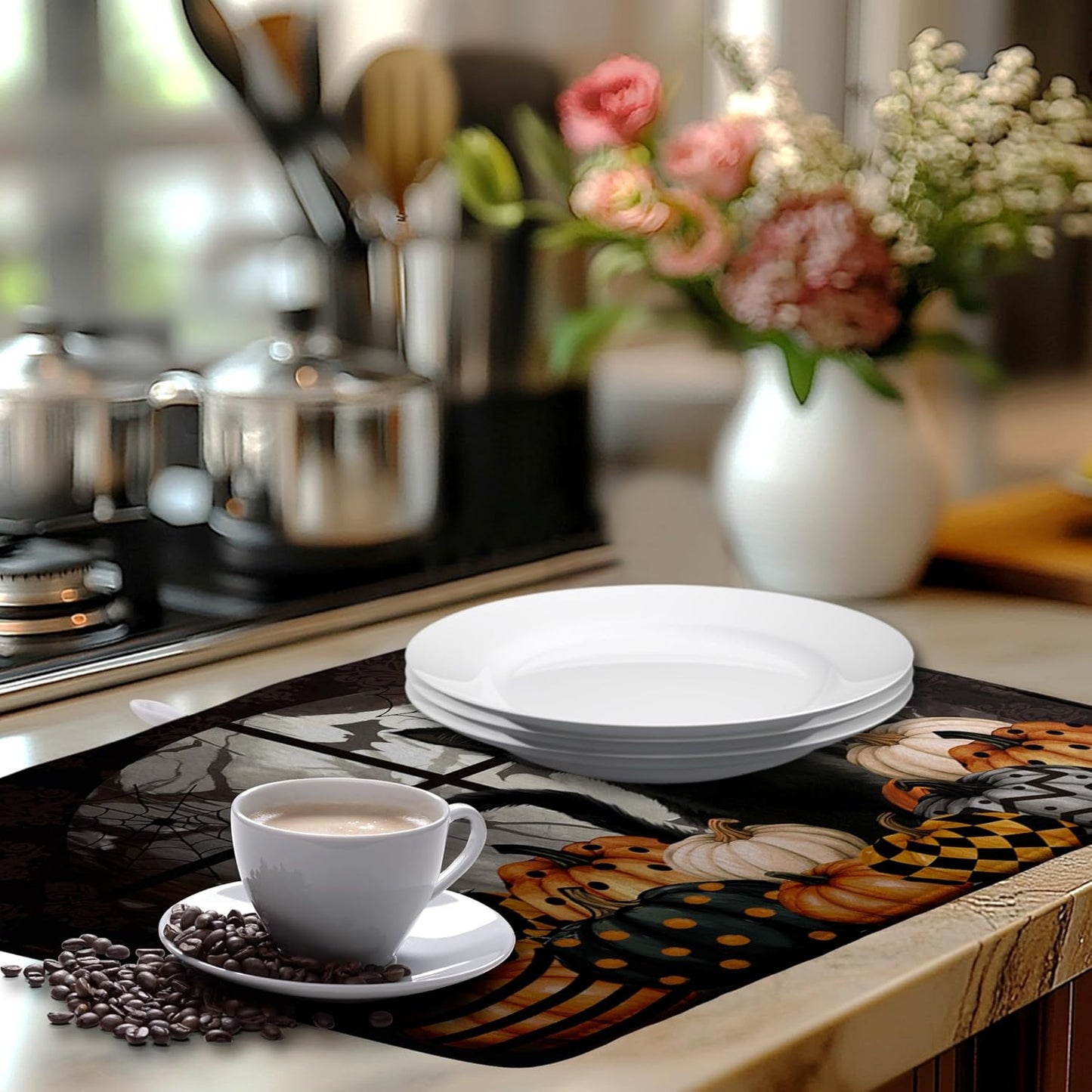 Halloween Black Cat Dish Drying Mat Fall Halloween Pumpkins Large Kitchen Mats Dish Drying Pad Absorbent Dish Dryer Mat for Kitchen Countertops Microfiber Drainer Pad Dish Drying Mats (18x24 in)