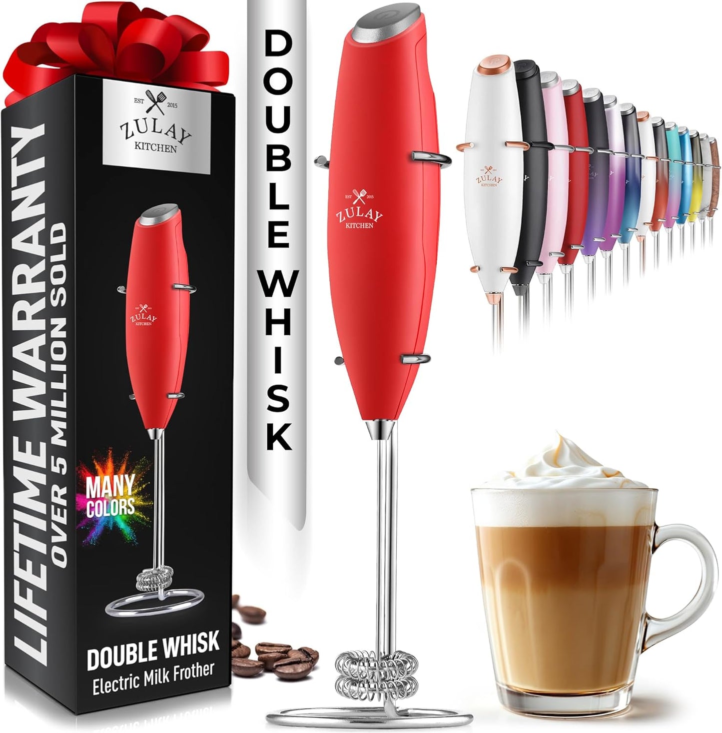 Zulay Kitchen Powerful Double Whisk Milk Frother Handheld - Foam Maker With Stand - Whisk Drink Mixer for Coffee, Mini Foamer for Latte, Matcha, Frappe, Hot Chocolate & Cappuccino (Cardinal Red)