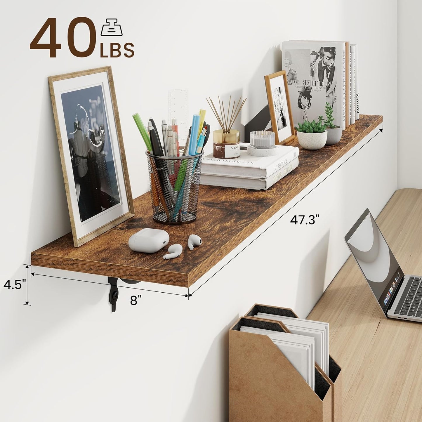 RICHFOCUS Floating Shelves for Wall Decor, 47.3W x 8D Wall Shelves Set of 2, 8 Inch Deep Rustic Wood Shelves Wall Mounted with Brackets, Long Shelves for Living Room Bedroom Kitchen, Rustic Brown