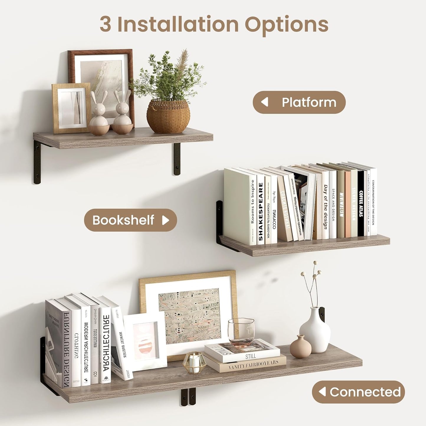 Fun Memories Deep Floating Shelves, 16W x 8D Floating Shelves Set of 2, Wall Mounted Shelf with Metal Brackets, Rustic Wood Wall Shelf for Bathroom, Kitchen and Living Room, Grey