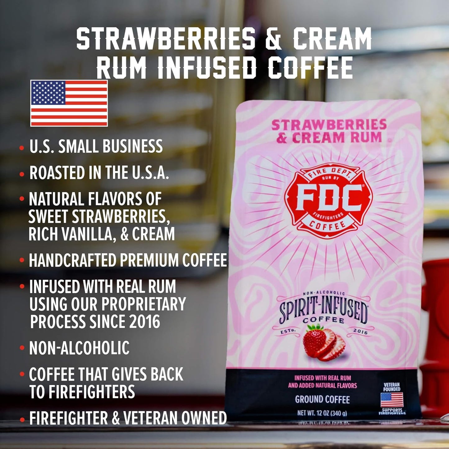 Fire Department Coffee - Gives Back to Firefighters - Strawberries & Cream Rum Infused Ground Coffee - Medium Roast - Non-Alcoholic - Roasted in the USA - Veteran Owned - 12 oz