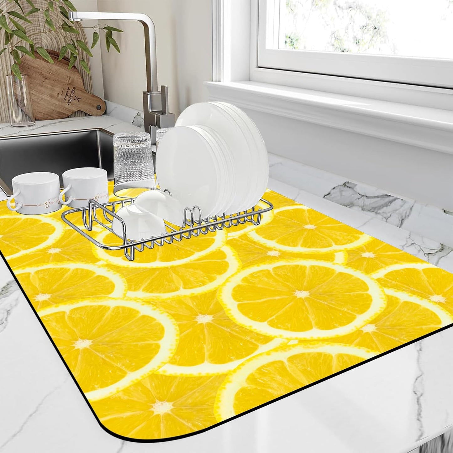 Fresh Yellow Lemon SliceDish Drying Mat,16"X24" Absorbent Fast Dish Drying Mat for Kitchen Counter Pot and Pan, Kitchen Accessories