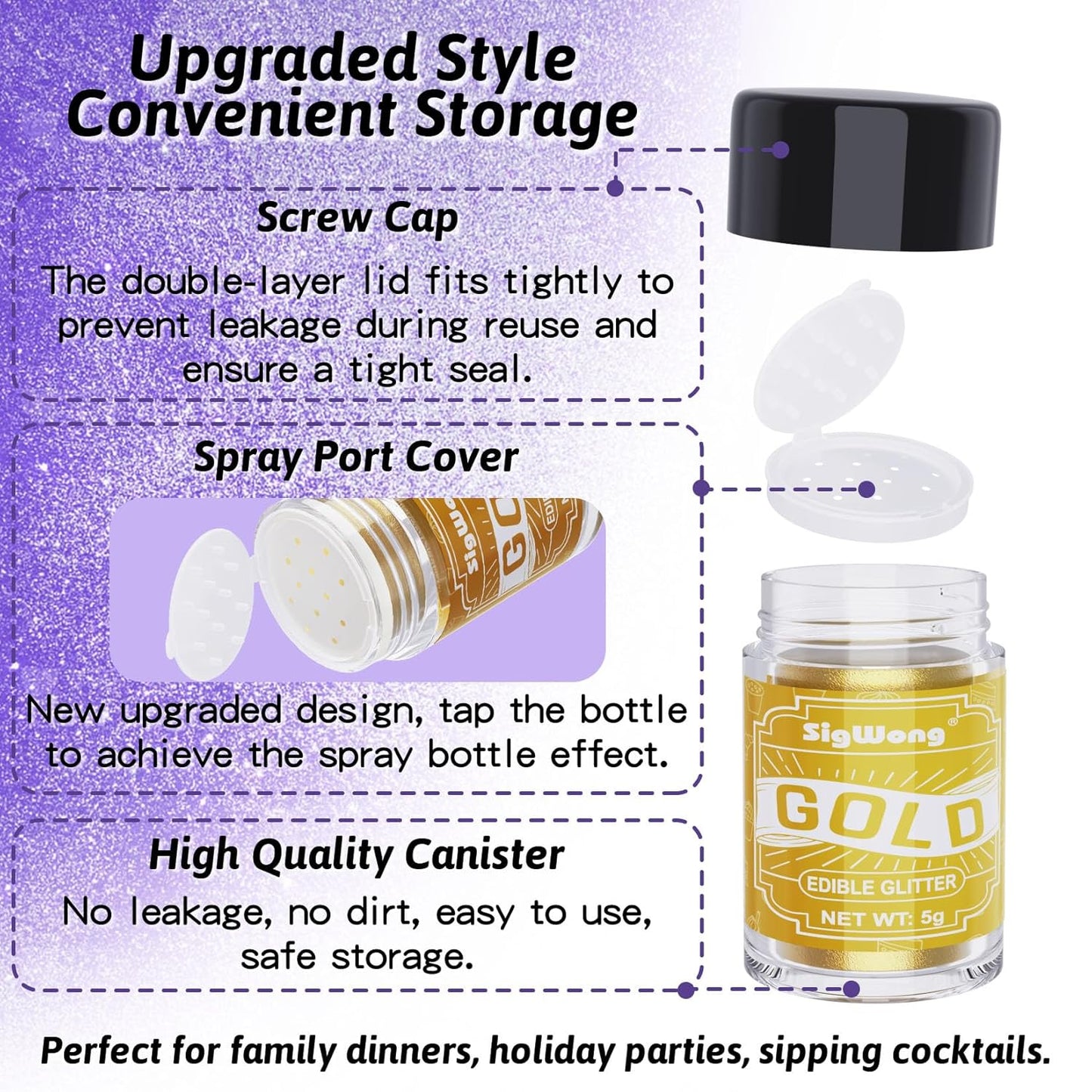 Edible Glitter Set, 3 Colors Luster Dust Edible Glitter, Food Grade Metallic Food Decorating Sprinkle Dust for Drinks Wine, Powder Glitter for Fondant, Chocolate, Candy, Cookie, 5g/0.18oz, Vegan