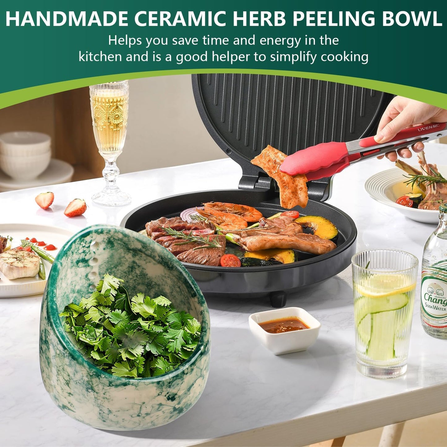 Pottery Herb Stripper Bowl, Handmade Ceramic Herb Peeling Bowl, for Separating Leaves and Stems (Green)