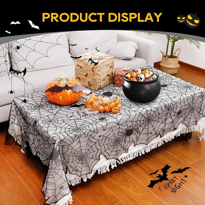 eZAKKA Halloween Table Cloth, 54" x 72" Spider Webs Tablecloths Black Tablecloth Lace Fabric Table Cloths Spooky Cover