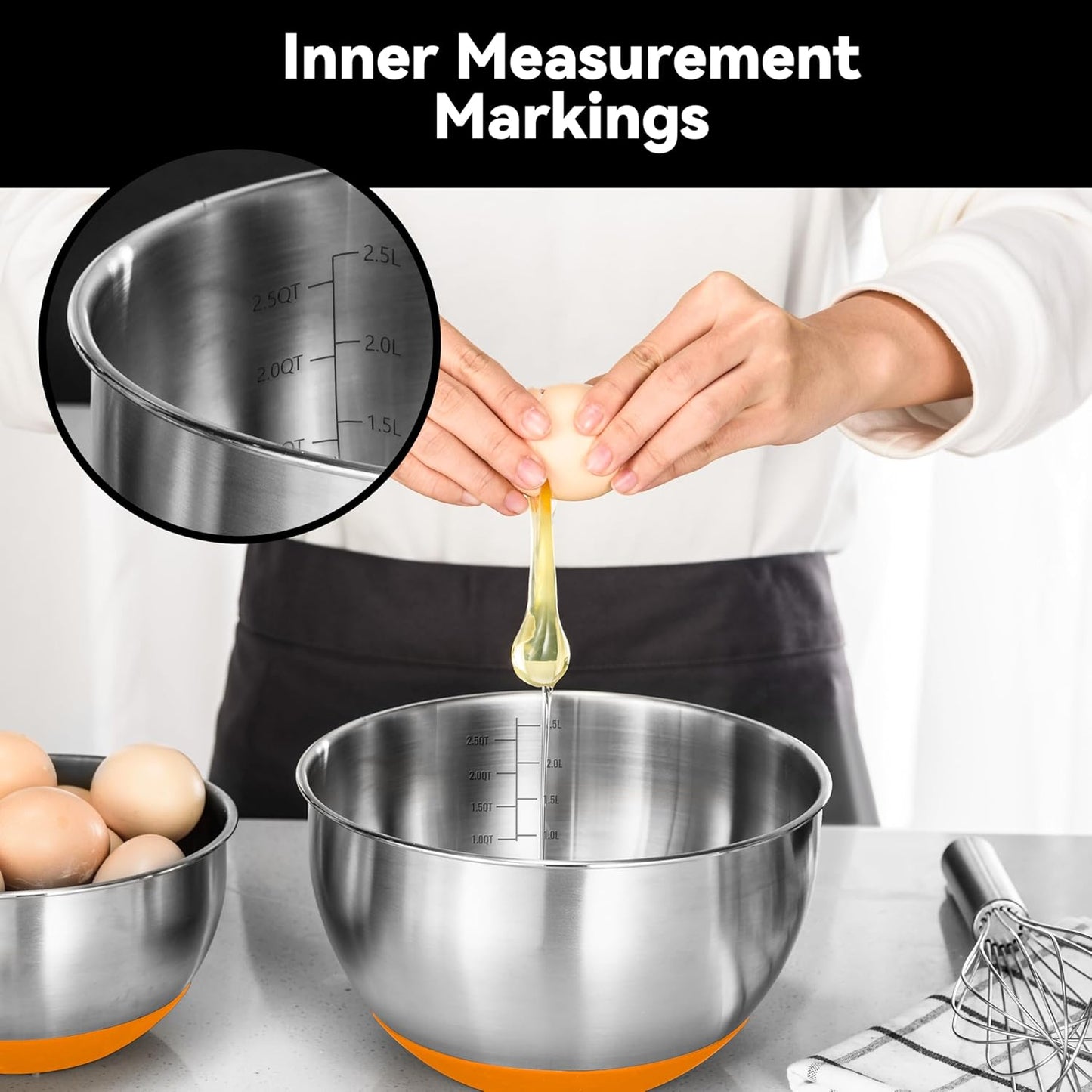 Stainless Steel Mixing Bowls with Lids – Set of 5 Large Nesting Metal Bowls for Kitchen, Baking, Cooking, Food Prep & Storage, Non-Slip Base, Dishwasher Safe,Orange