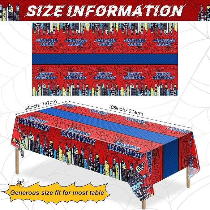 Oudain 3 Pcs Spider Tablecloth 108 x 54 in Red and Blue Plastic Disposable Table Covers City Web Theme Birthday Party Decorations Large Table Cloths for Party Indoor Outdoor (Birthday)