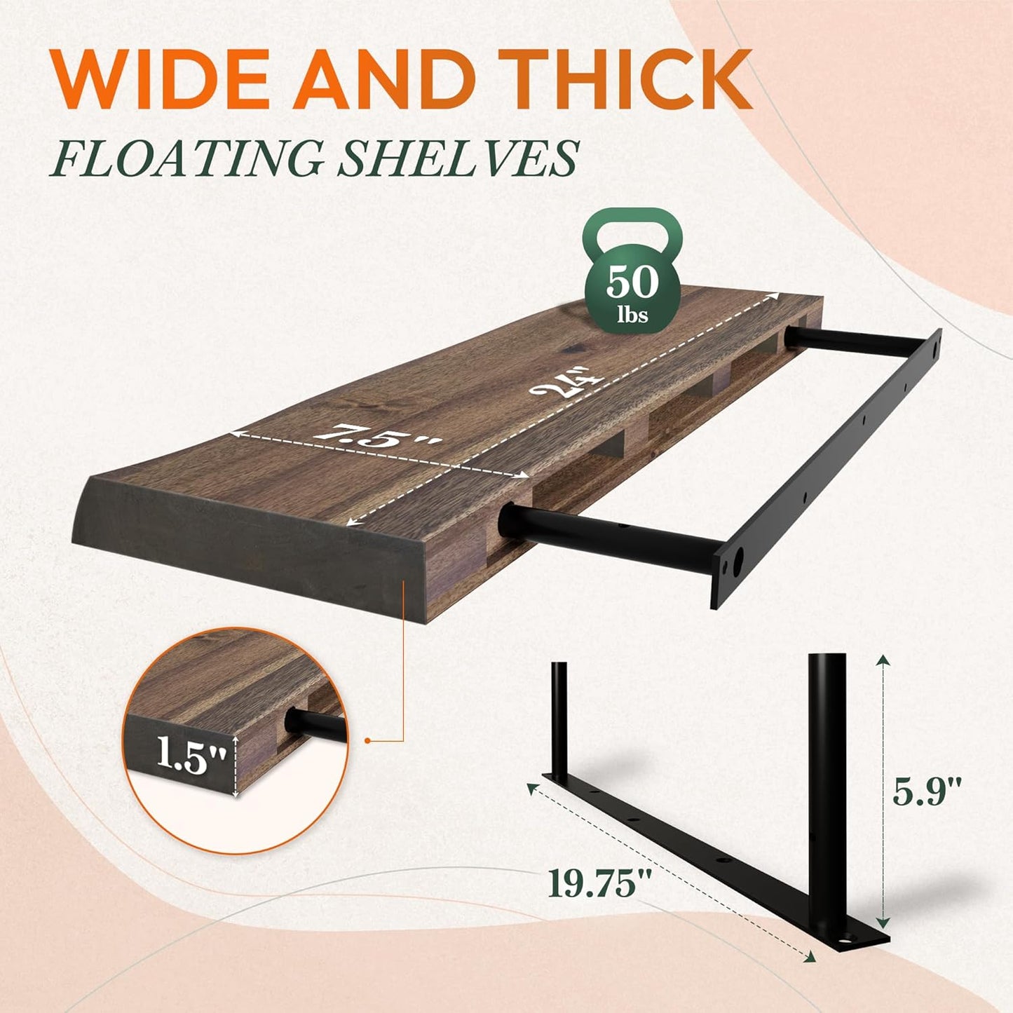 24" Acacia Live Edge Floating Shelves Set of 2 - Wall Mounted Wooden Shelf for Stylish Home Décor - Dark Walnut Color 24x7.5x1.5 Inches