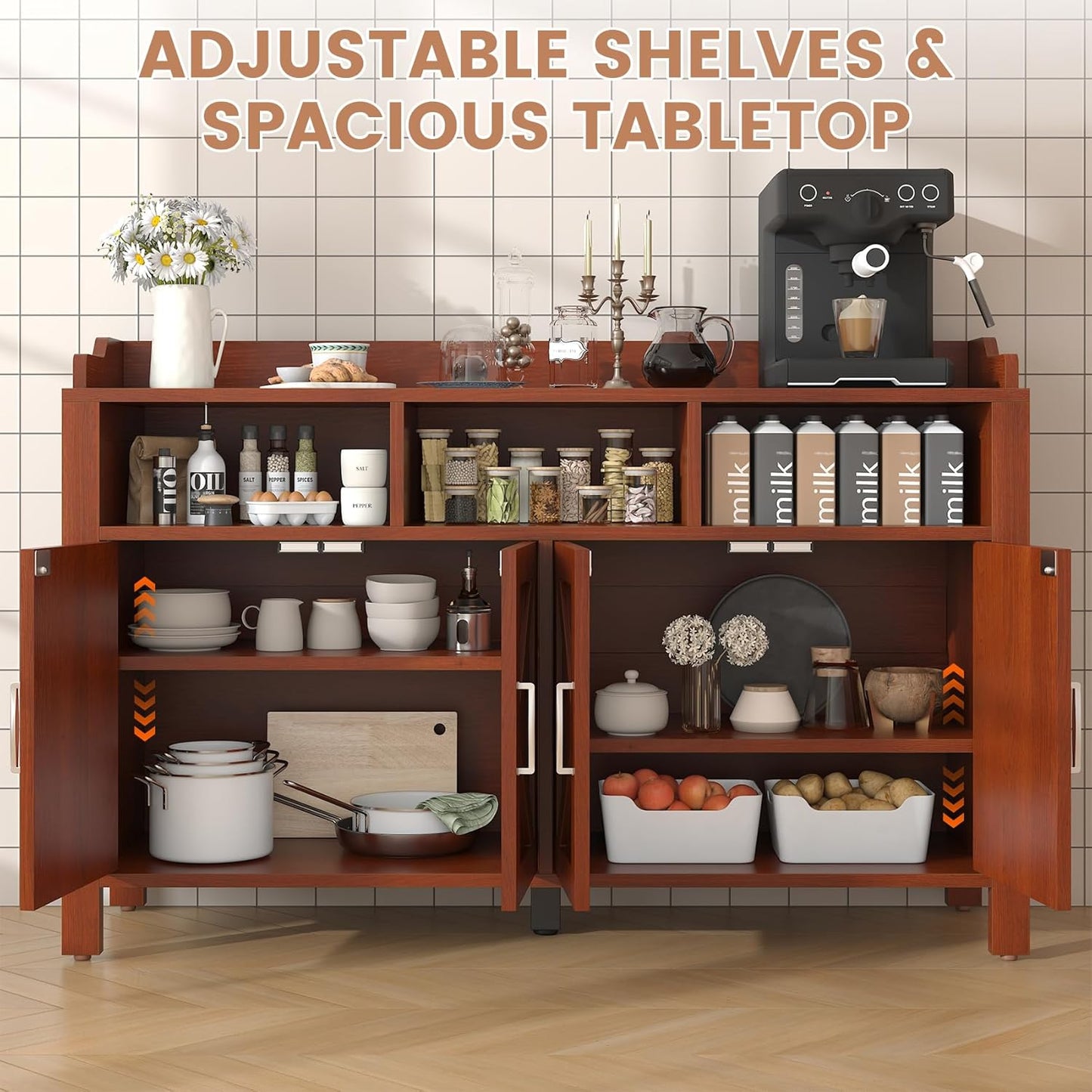 Buffet Cabinet with Storage Farmhouse with 4 Doors and 3 Open Compartments, 55'' Large Kitchen Storage Cabinet Cherry Wood Coffee Bar Buffet Sideboard for Kitchen, Dining Room, Living Room