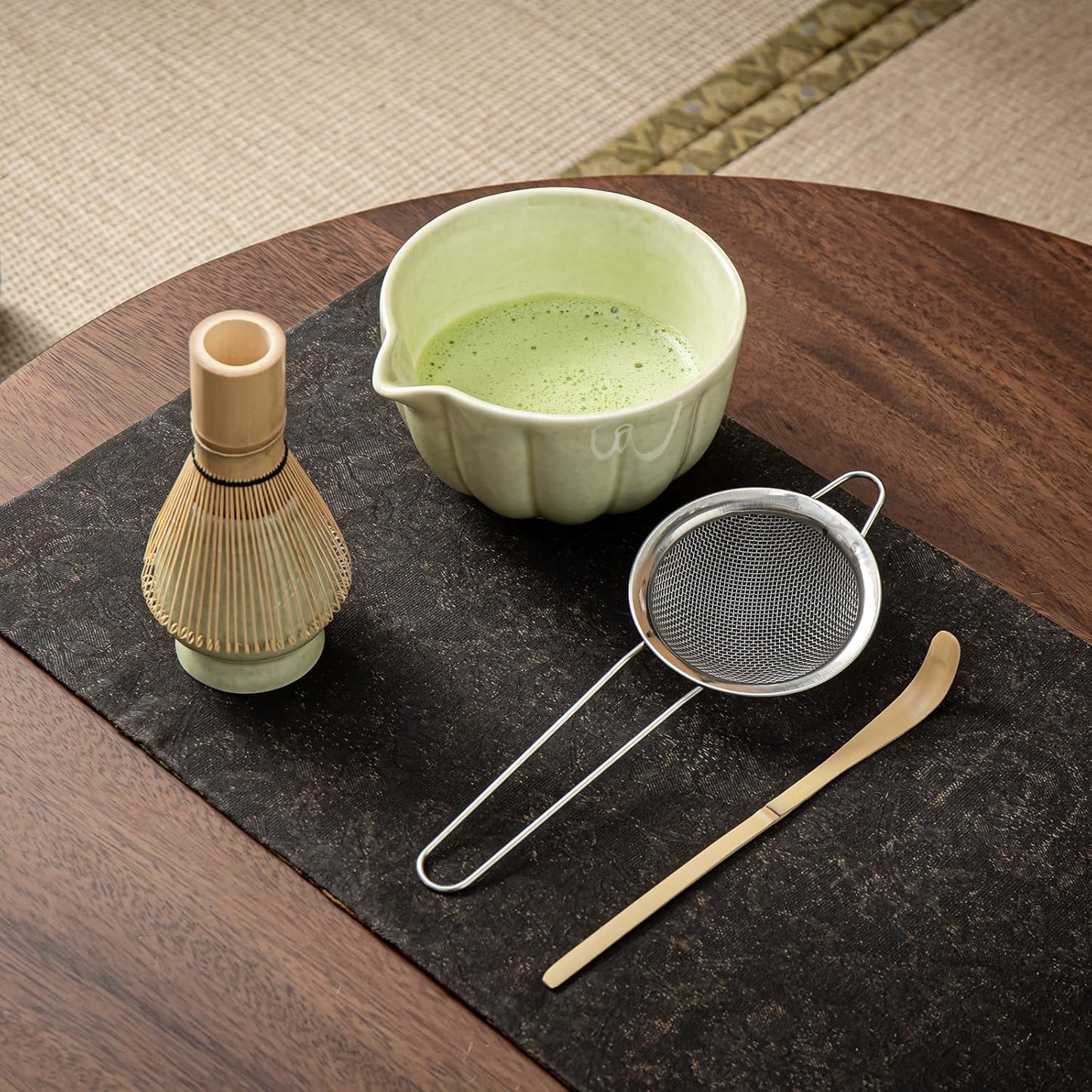 Matcha Whisk Set, Matcha Bowl with Spout, Matcha Whisk, Chasen Holder, Sifter, Bamboo Scoop - 5 Pcs Perfect Matcha Making Kit for Matcha Lover and Tea Ceremony (Speckled Green)