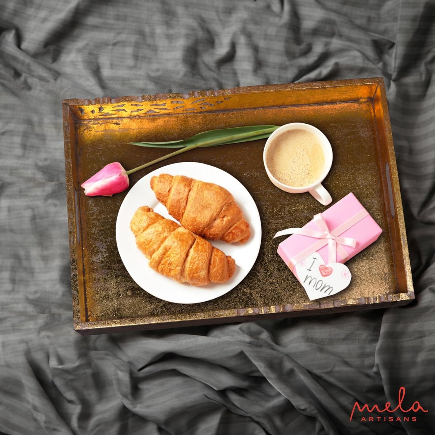 Coffee Table Tray (Distressed Gold) - “Flourish” Wood Serving Tray w/Handles for Breakfast in Bed - Mango Wood Decorative Tray w/Felt Pads - Medium Size Tray - 16” x 12” x 2.5”