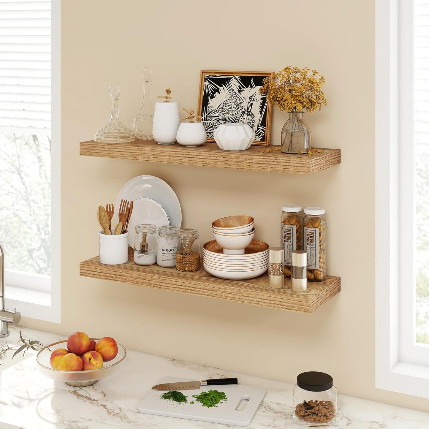 30 Inch Floating Shelves, 9.3" Deep Floating Shelf Wall Mounted, 30" Wall Shelves, Rustic Deep Bookshelf, Large Display Shelves & Storage Shelves for Bedroom, Living Room, Light Brown, Set of 2