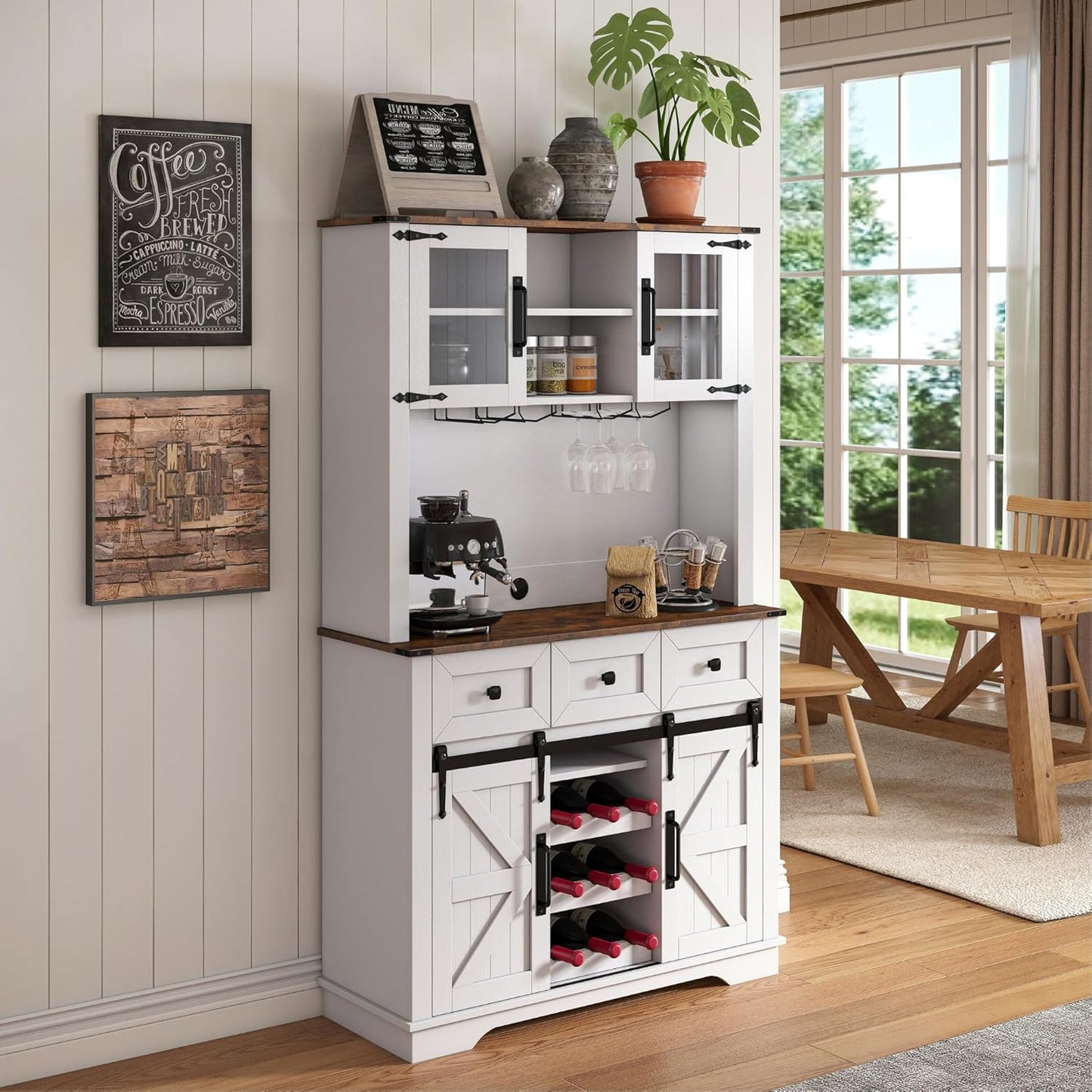 Coffee Bar Cabinet with Sliding Barn Doors 71'' Farmhouse Pantry Cabinet with Drawers & Wine Glass Rack Rustic Buffet Cabinet for Kitchen, White and Brown