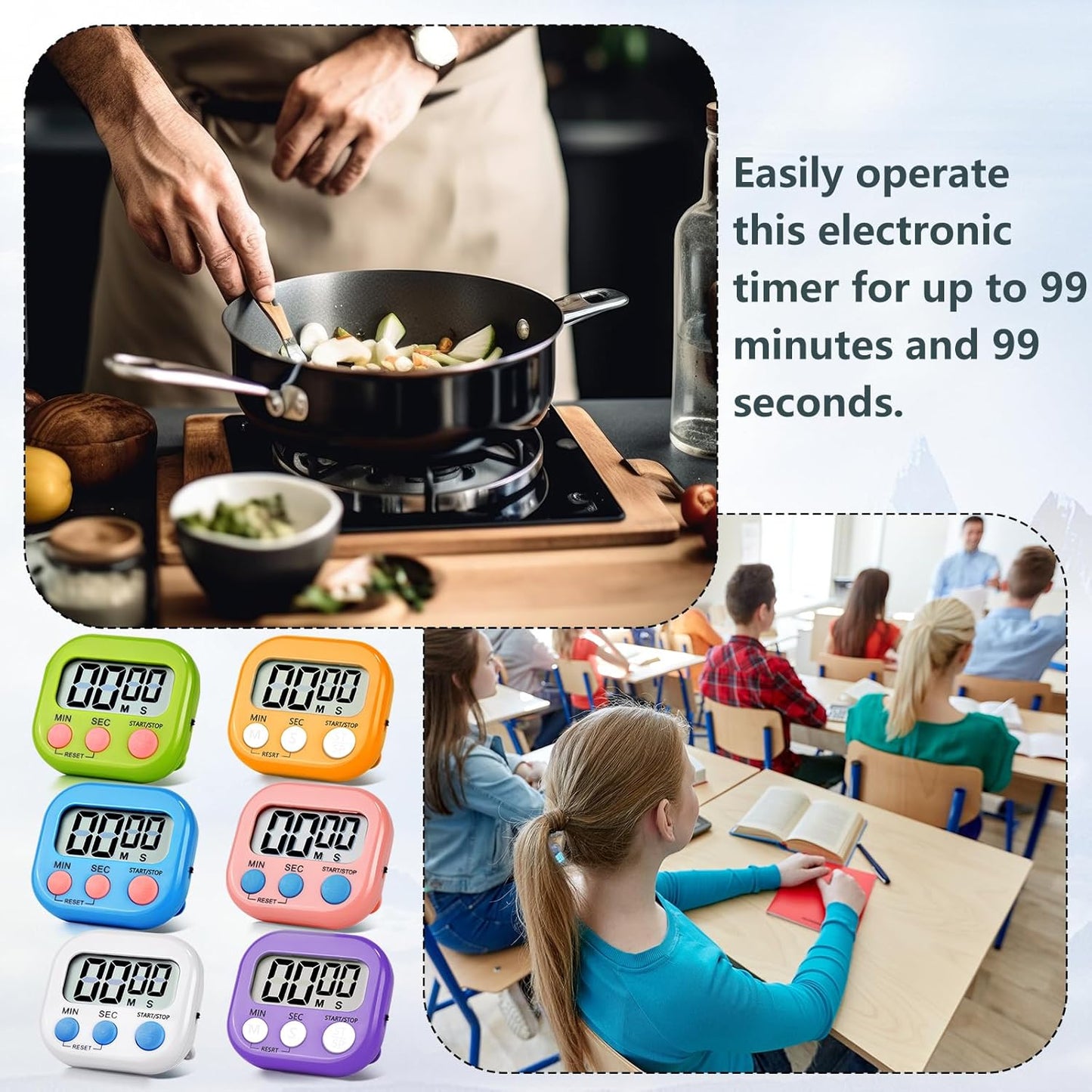 12 Pack Digital Kitchen Timer Magnetic Digital Timer with Big Display Loud Ring Cooking Timers for Kitchen Electronic Timer for Cooking, Bathing, Gym, Break Time, Classroom(12,White, Blue, Orange)